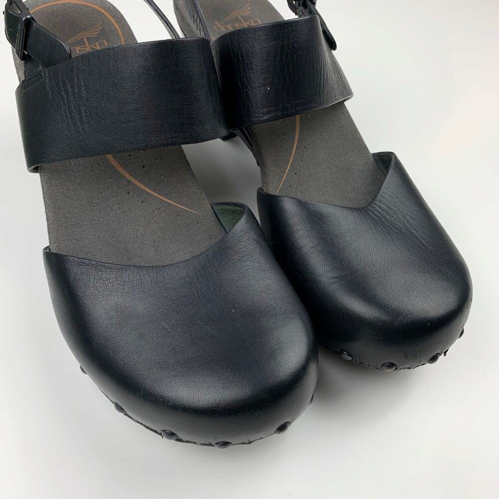 Dansko Black Leather Clog Sandals with Ankle Strap - Picture 4 of 11